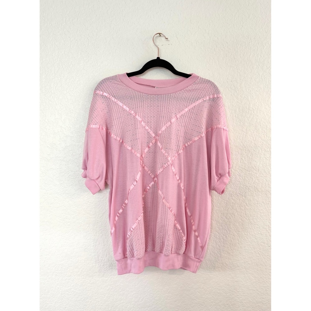 Vintage Pink Textured Knit‎ Top Ribbon Trim Geometric Design Short Sleeve